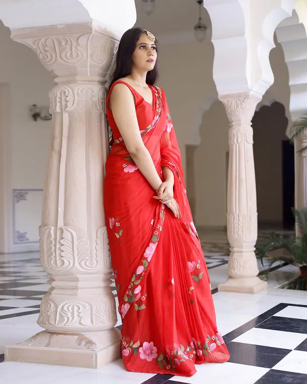 Hot_Red_Floral_H_Painted_Chiffon_Saree_For_Women